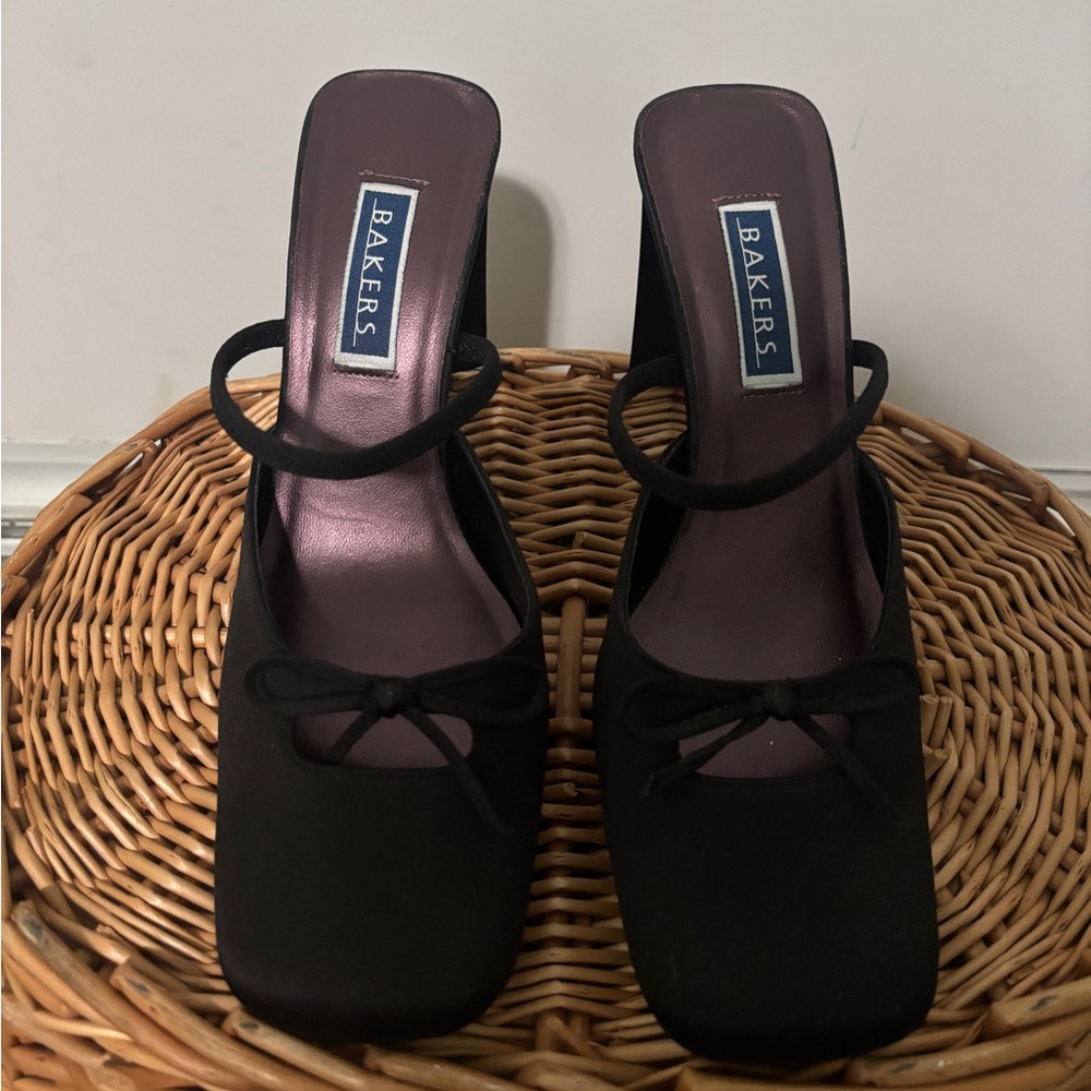 Bakers Black Slip-On Mules with Bow and Ankle Strap